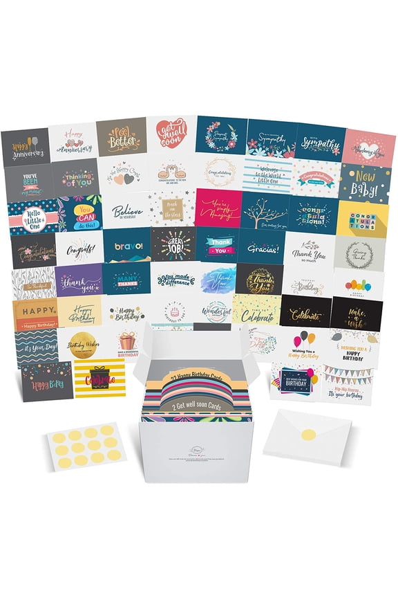 Greeting Cards Assortment - 60 Large Unique Assorted Cards for All Occasions with Greetings Inside and Card Organizer.