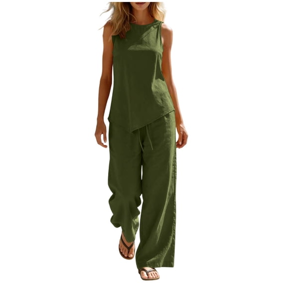 Dessy 2 Piece Linen Sets for Women Irregualr Hem Tank Top with Wide Leg Pants Business Casual Outfits with Pockets