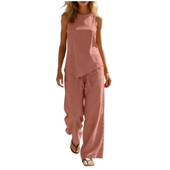 Dessy 2 Piece Linen Sets for Women Irregualr Hem Tank Top with Wide Leg Pants Business Casual Outfits with Pockets