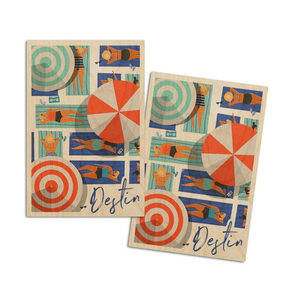 Destin, Florida, Aerial Beach Scene, Loungers and Umbrellas (4x6 Birch Wood Postcards, 2-Pack Stationary, Rustic Home Wall Decor)