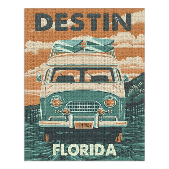 Destin, Florida, Letterpress, Camper Van (1000 Piece Puzzle, Size 19x27, Challenging Jigsaw Puzzle for Adults and Family, Made in USA)