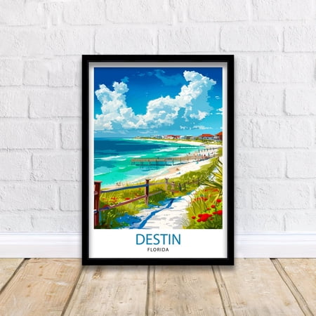 Destin Florida Print Emerald Coast Art White Sand Beach Poster Gulf of Mexico Wall Decor Florida Panhandle Illustration Coastal Town Artwork, Poster Only