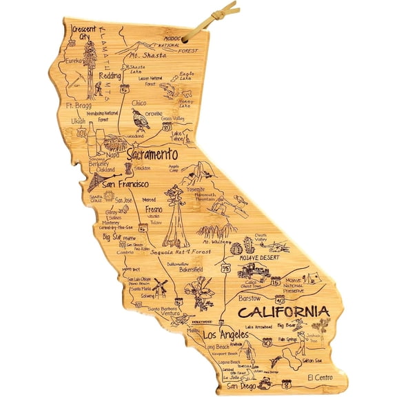 Destination California State Shaped Cutting Board, Bamboo Charcuterie and Cheese Serving Board for Kitchen with Hang Tie for Wall Display, 11 x 14.25 Inches