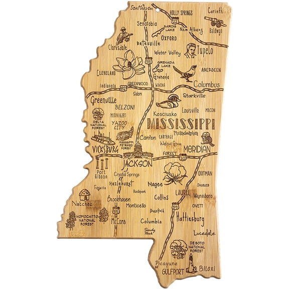 Destination Mississippi State Shaped Serving and Cutting Board, Includes Hang Tie for Wall Display