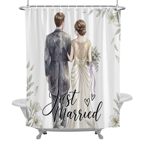 Destination Wedding Shower Curtain, Boho Couple Walking Just Married Waterproof Fabric Bathroom Shower Curtains Set with Hooks, 72 X 72 Inch Long