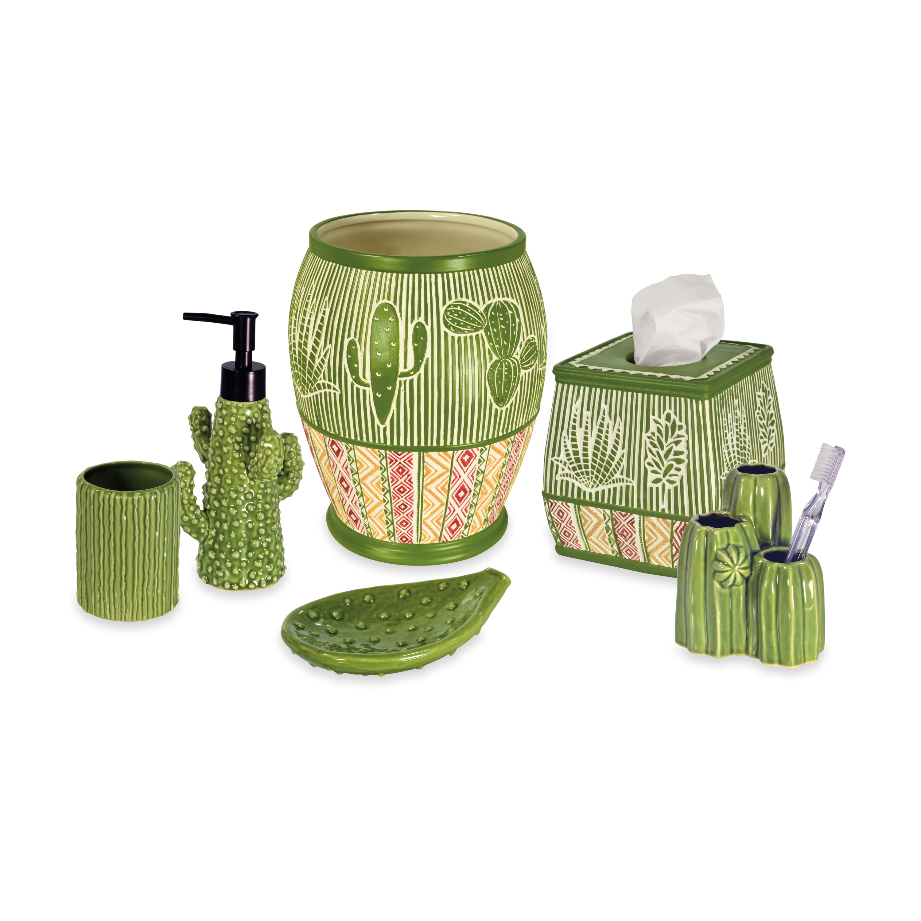Southwest Cactus Green Ceramic Wastebasket
