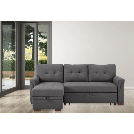 Destiny 84" Dark Gray Linen Reversible Sleeper Sectional Sofa with Storage Chaise