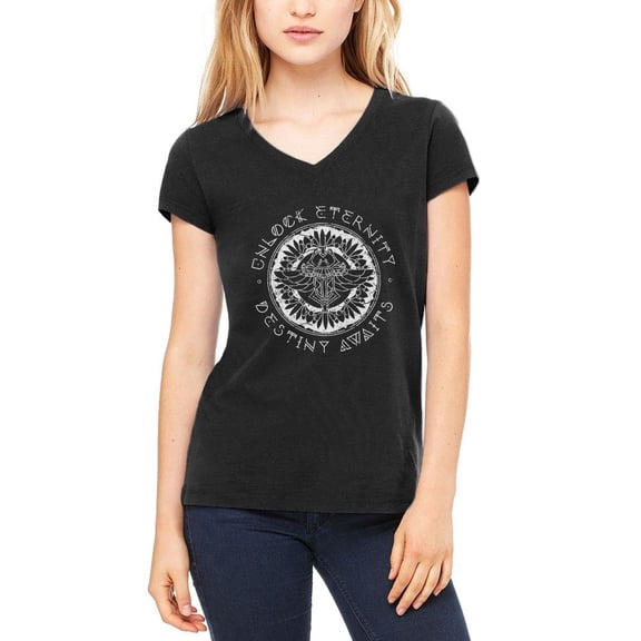 Destiny Awaits Egyptian Scarab Distress Juniors V-Neck T Shirt Black LG