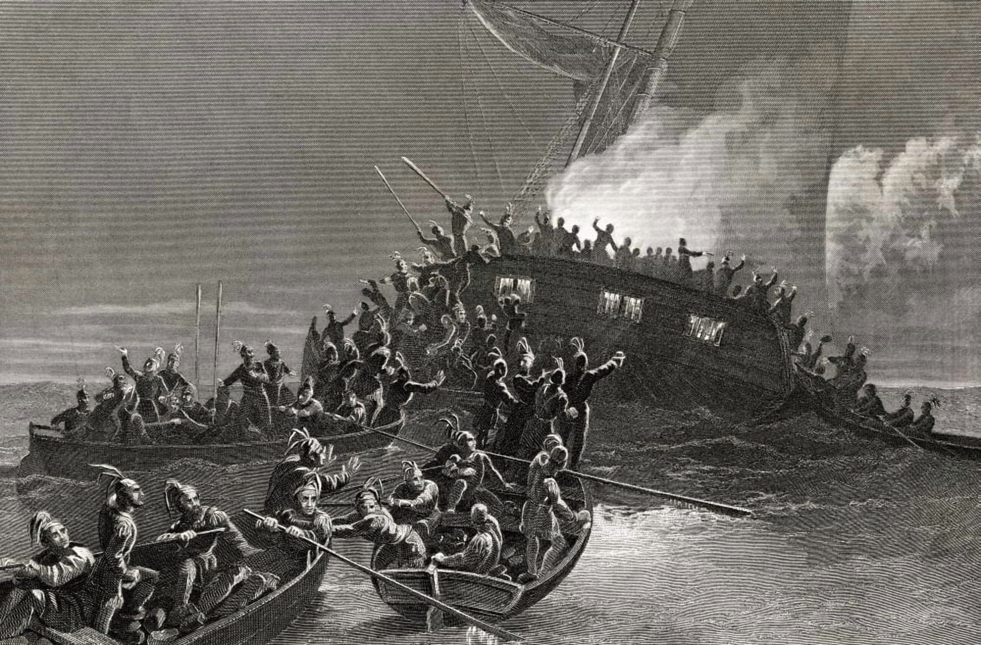Destruction Of The Schooner Gaspe In The Waters Of Rhode Island 1772 Engraved By J Rogers After J Mcnevin Canvas Art - Ken Welsh Design Pics (36 x 22)