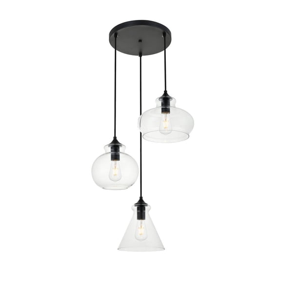Destry 3 Lights Black Pendant With Clear Glass