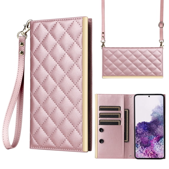 Desugned For Samsung Galaxy S20+ Wallet Phone Case,With Suction Cup Fastener,Flip Folding Kickstand,With Card Slots,Wrist Strap&Shoulder Strap,Shockproof PU Leather Phone Case,Rosegold