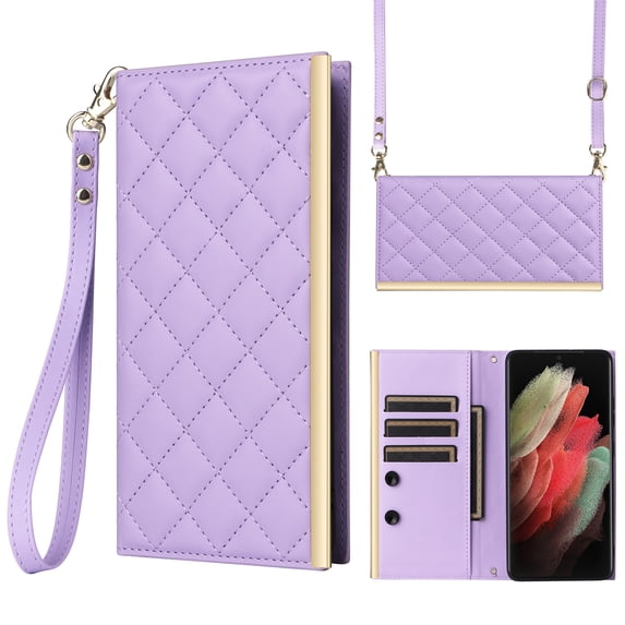 Desugned For Samsung Galaxy S21 Ultra Wallet Phone Case,With Suction Cup Fastener,Flip Folding Kickstand,With Card Slots,Wrist Strap&Shoulder Strap,Shockproof PU Leather Phone Case,Purple