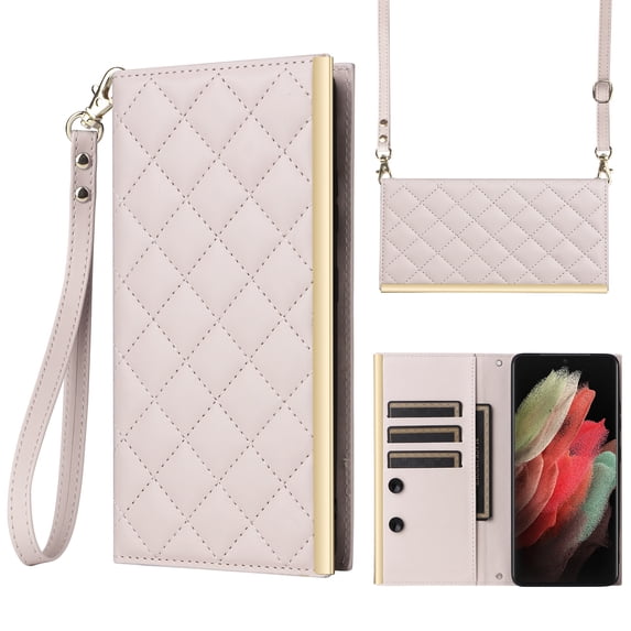 Desugned For Samsung Galaxy S21 Ultra Wallet Phone Case,With Suction Cup Fastener,Flip Folding Kickstand,With Card Slots,Wrist Strap&Shoulder Strap,Shockproof PU Leather Phone Case,White