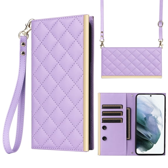 Desugned For Samsung Galaxy S21 Wallet Phone Case,With Suction Cup Fastener,Flip Folding Kickstand,With Card Slots,Wrist Strap&Shoulder Strap,Shockproof PU Leather Phone Case,Purple