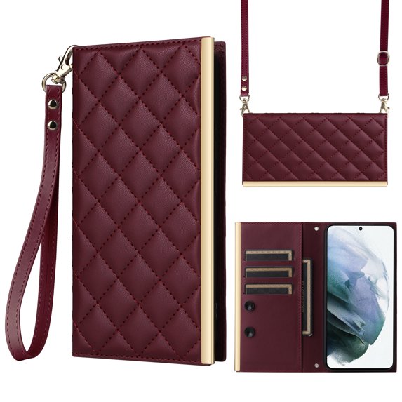 Desugned For Samsung Galaxy S21 Wallet Phone Case,With Suction Cup Fastener,Flip Folding Kickstand,With Card Slots,Wrist Strap&Shoulder Strap,Shockproof PU Leather Phone Case,Winered