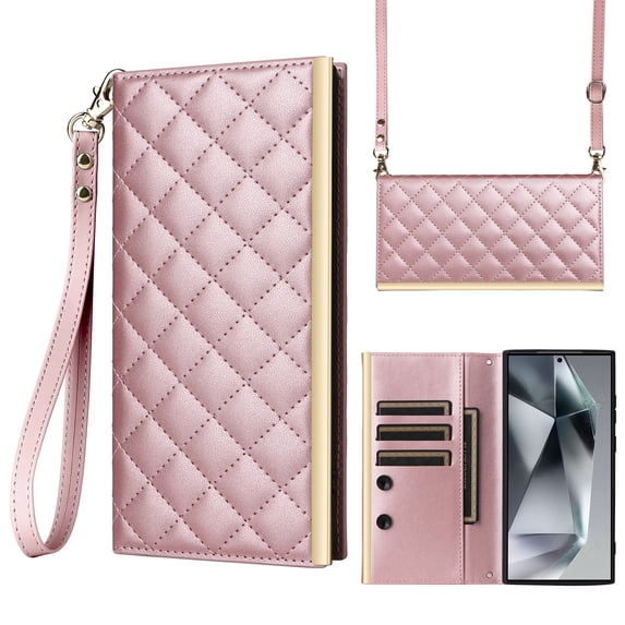 Desugned For Samsung Galaxy S22 Ultra Wallet Phone Case,With Suction Cup Fastener,Flip Folding Kickstand,With Card Slots,Wrist Strap&Shoulder Strap,Shockproof PU Leather Phone Case,Rosegold