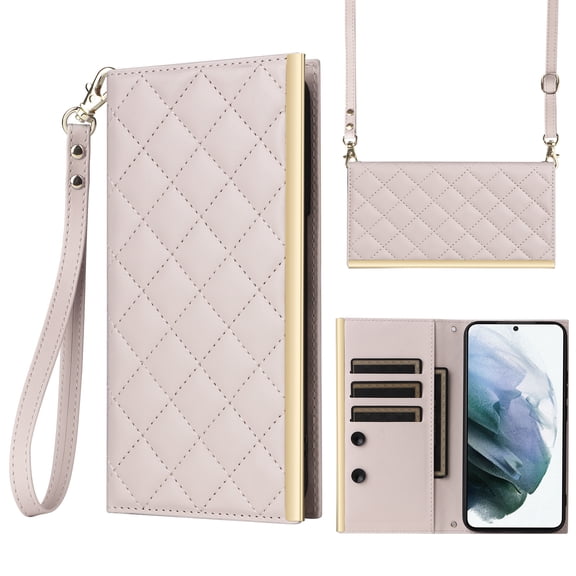 Desugned For Samsung Galaxy S22 Wallet Phone Case,With Suction Cup Fastener,Flip Folding Kickstand,With Card Slots,Wrist Strap&Shoulder Strap,Shockproof PU Leather Phone Case,White