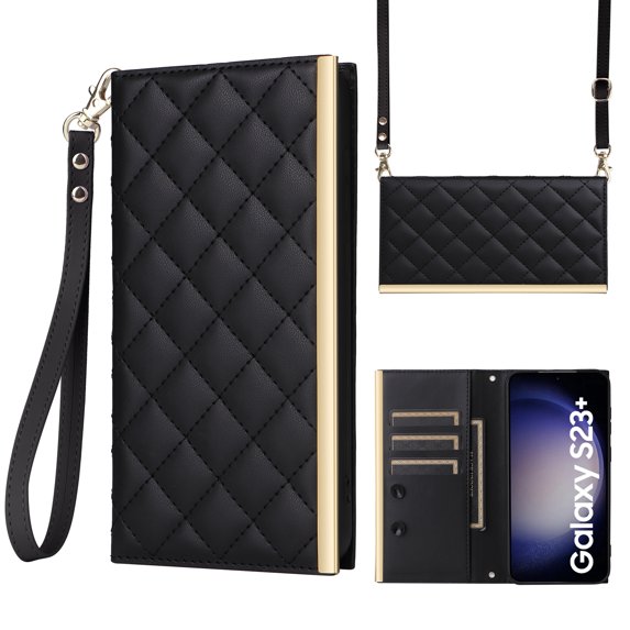 Desugned For Samsung Galaxy S23 Wallet Phone Case,With Suction Cup Fastener,Flip Folding Kickstand,With Card Slots,Wrist Strap&Shoulder Strap,Shockproof PU Leather Phone Case,Black