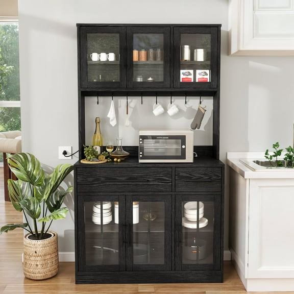 Dextrus 71" Tall Pantry Storage Cabinet with Power Strip, Hooks, 2 Drawers, Microwave Stand, Kitchen Organizer, Black