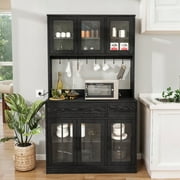 Dextrus 71 Tall Pantry Storage Cabinet with Power Strip, Hooks, 2 Drawers, Microwave Stand, Kitchen Organizer, Black
