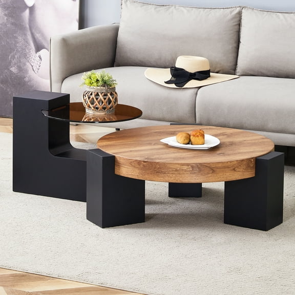 Detachable 2-Tier Round Coffee Table, Transparent Brown Glass Top & Black MDF L-Shaped Legs, Modern Multifunctional