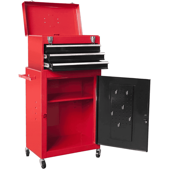 Detachable 3 Drawer Tool Chest Large Storage Cabinet and Adjustable Shelf Rolling Tool Chest Warehouse Red