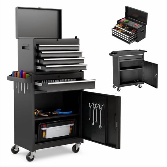 Detachable 5-Drawer Cold-Rolled Steel Rolling Tool Chest with Lock, Brake Wheels and Side Hooks