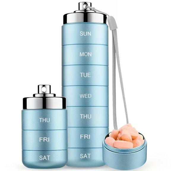 Detachable 7-Day Aluminum Pill Case Container, Portable Stackable Daily Supplement Vitamin Storage Organizer with Keychain Hook for Travel & Daily Beauty Supplement Storage