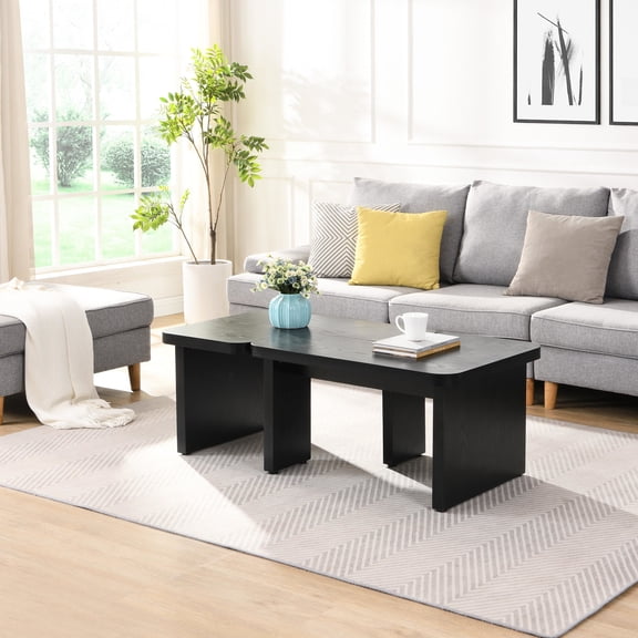 Detachable Black Coffee Table, 47.48*23.16 & 35.43*31.49 Inch Rectangle Wood, L-shape For Porch Table Detachable, Wood Rectangle, Dining Room Middle Eastern