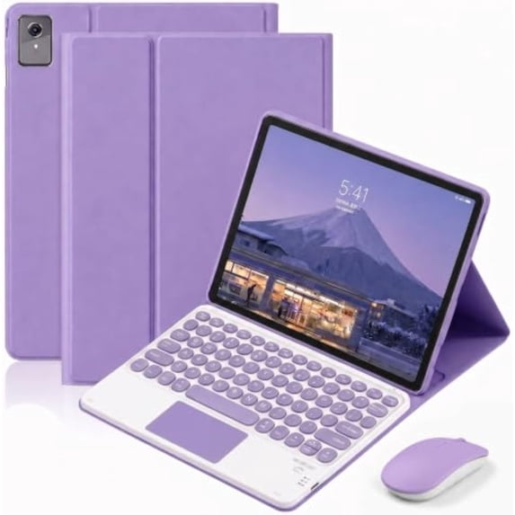 Detachable Bluetooth Keyboard Case with Multi-Touch Trackpad & 2.4G Wireless Mouse for 2025 Lenovo Idea Tab Plus 12.1" / Tab K12, Round Keys,Lavender