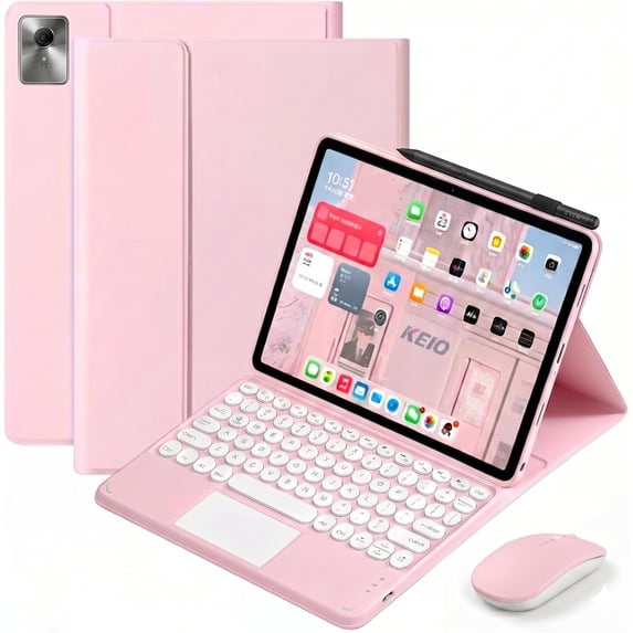Detachable Bluetooth Keyboard Case with Multi-Touch Trackpad & 2.4G Wireless Mouse for 2025 Lenovo Idea Tab Plus 12.1" / Tab K12, Round Keys,Pink