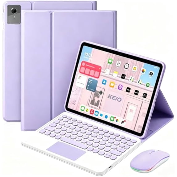 Detachable Bluetooth Keyboard Case with Multi-Touch Trackpad & 2.4G Wireless Mouse for 2025 Lenovo Idea Tab Plus 12.1" / Tab K12, Round Keys,Purple