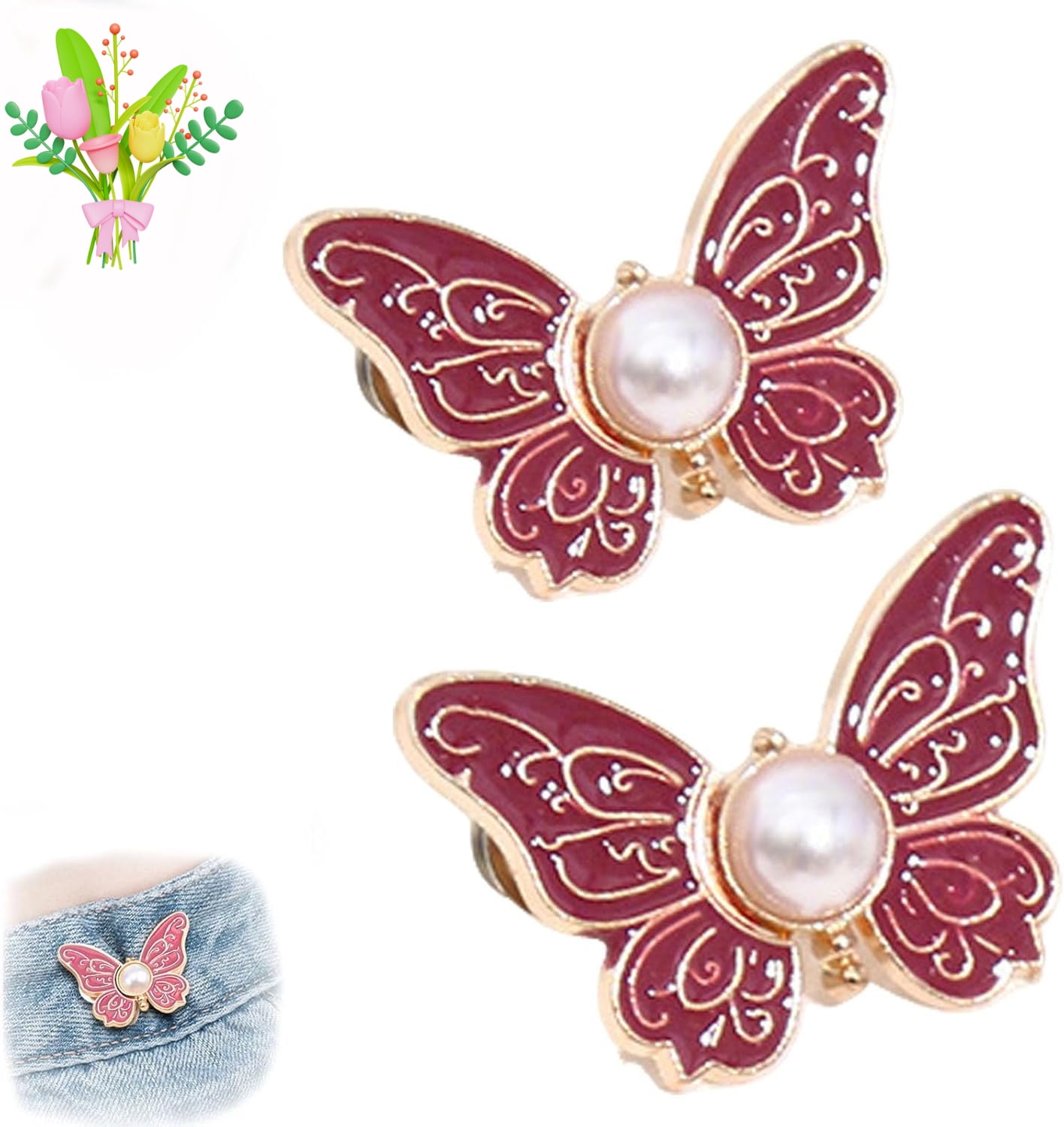 Detachable Butterfly Clips, 2-Pack Detachable ButterflyClips, Butterfly Buckle Clasp, ButterflyWaist Cinching Button, Reusable PantWaist Tightener, Buttons Pins for Loose Jeans