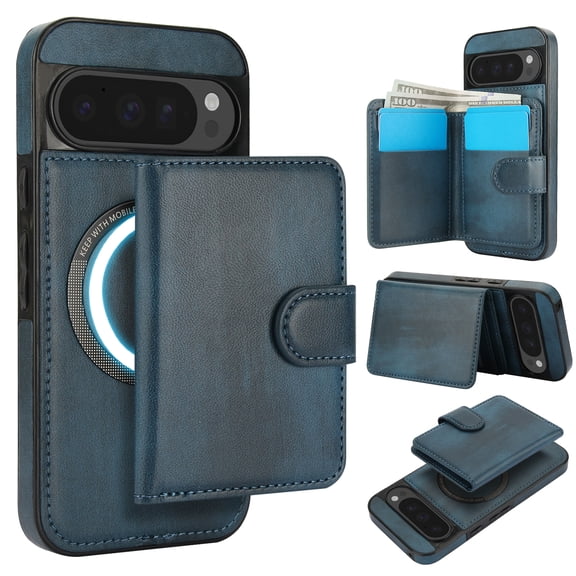 Detachable Cards Holder Case for Google Pixel 9 / 9 Pro, RFID Blocking 2 In 1 Wallet PU Leather Case with Stand Compatible with Magsafe Shockproof Cover for Google Pixel 9 / 9 Pro, Blue
