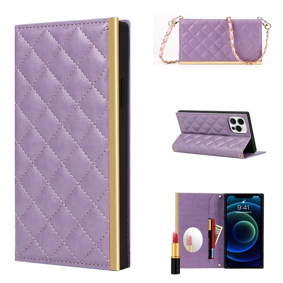 Detachable Crossbody Lanyard Case for iPhone XR 6.1" 2018, Allytech Premium PU Leather Folding Stand Anti-Lost Shoulder Chain Protective Purse Case with Card Holder/ Hidden Mirror, Purple