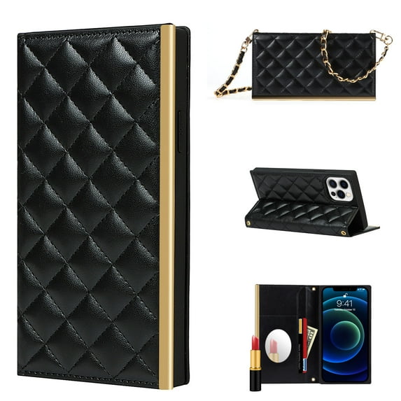 Detachable Crossbody Lanyard Case for iPhone XS Max 6.5" 2018, Allytech Premium PU Leather Folding Stand Anti-Lost Shoulder Chain Protective Purse Case with Card Holder/ Hidden Mirror, Black