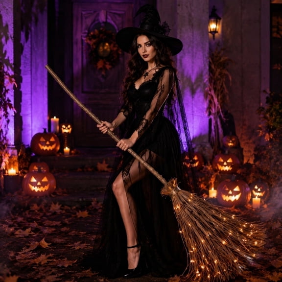Detachable DIY Lighted Witch Straw Broom Halloween Decoration, LED Glowing Witch Broom Prop, Hanging Ornament for Halloween Party, Haunted House, Porch Decor