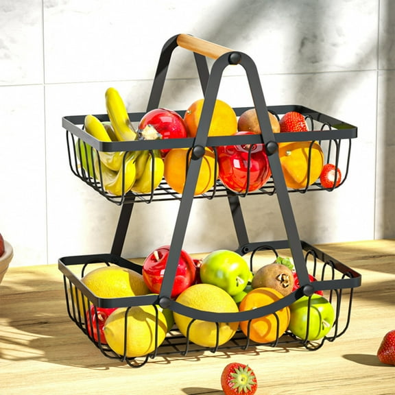 Detachable Drain Double Layer Fruit Basket, Wooden Handle Hand Basket Wrought Iron Storage, Kitchen Living Room Organizer, Sleek Design, Durable