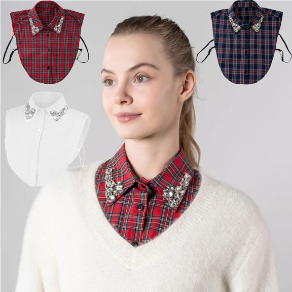 Detachable Fake Shirt Collar - Plaid Rhinestone Decorated Half Blouse Collar, Stylish Winter Fashion Accessory for Women, Festive Christmas Clothing Accent, Reusable Collar to Elevate Outfits, White