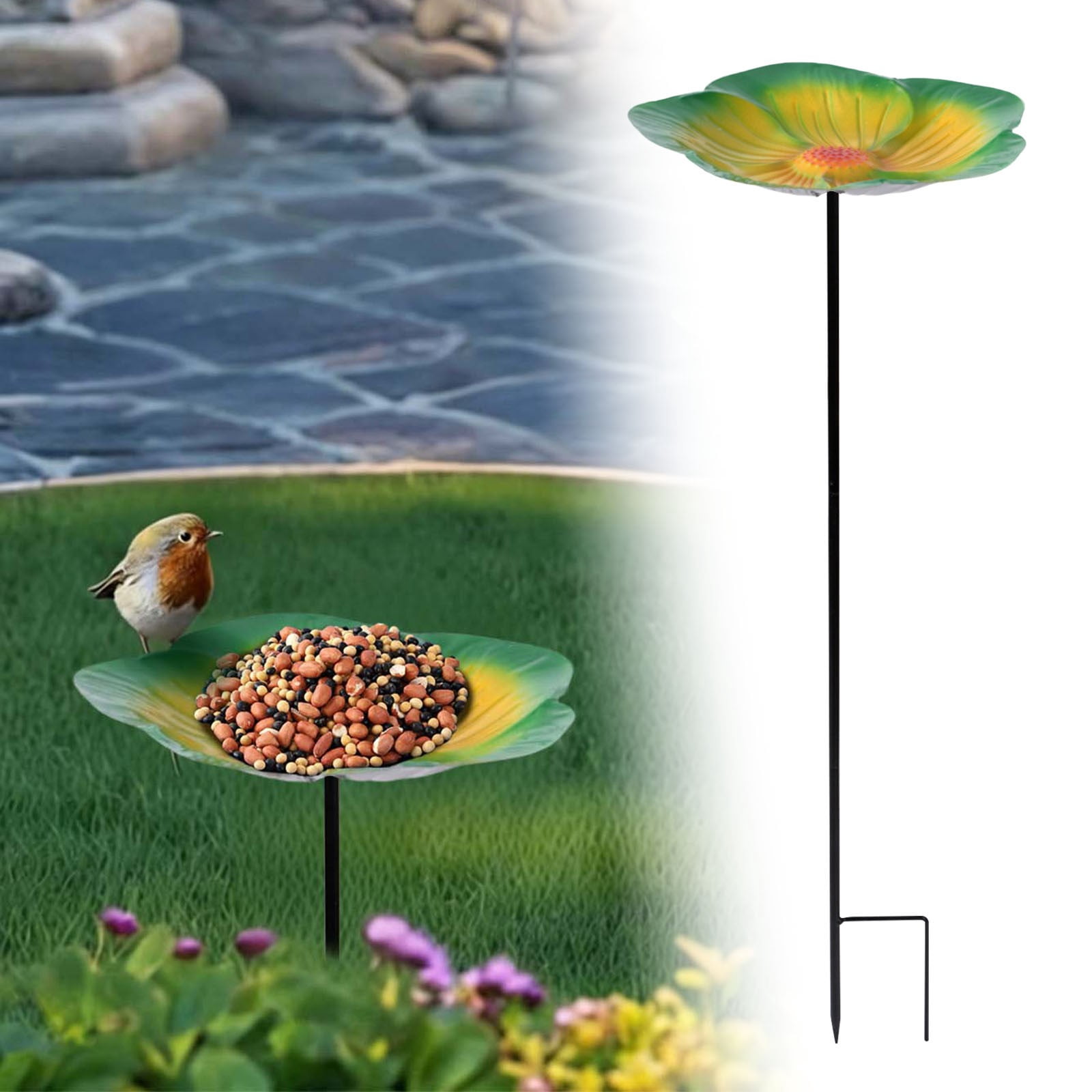 Detachable Flower Shaped Bird Feeder, No Mess Bird Feeder, Weather Resistant Ground Plug-in Water Dispenser, Automatic Bird Feeder, Metal Petal Ground Stake Feeder for Bird Feeding 1Pcs