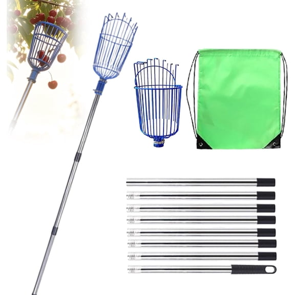 Detachable Fruit Picker Pole with Basket, Fruit Picker Tool Gripper Claw with Protective Sleeve, Fruit Basket for Picking Apple Avocado Cherry Lemon Mango Orange PeachBlue