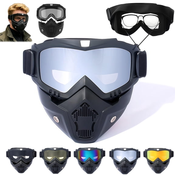 Detachable Full Face Goggle Mask, Anti-UV, Anti-Dust and Anti-Fog HD Lens, Retro Windproof Goggles for Outdoor