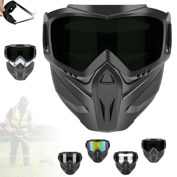 Detachable Full Face Goggle Mask for Grass Cutting & Landscaping, Anti-Fog Impact Resistant Protective Face Shield, Dustproof Weed Eater Mask for Yard Work, Riding & Welding (Black)