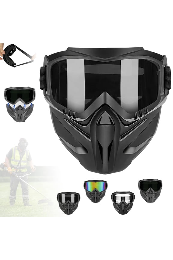 Detachable Full Face Goggle Mask for Grass Cutting & Landscaping, Anti-Fog Impact Resistant Protective Face Shield, Dustproof Weed Eater Mask for Yard Work, Riding & Welding