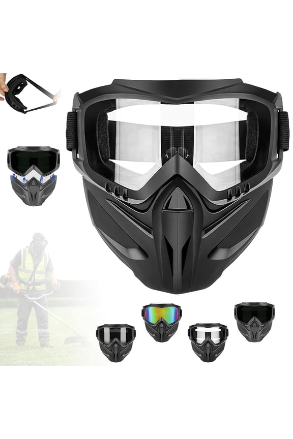 Detachable Full Face Goggle Mask for Grass Cutting & Landscaping, Anti-Fog Impact Resistant Protective Face Shield, Dustproof Weed Eater Mask for Yard Work, Riding & Welding (Transparent)