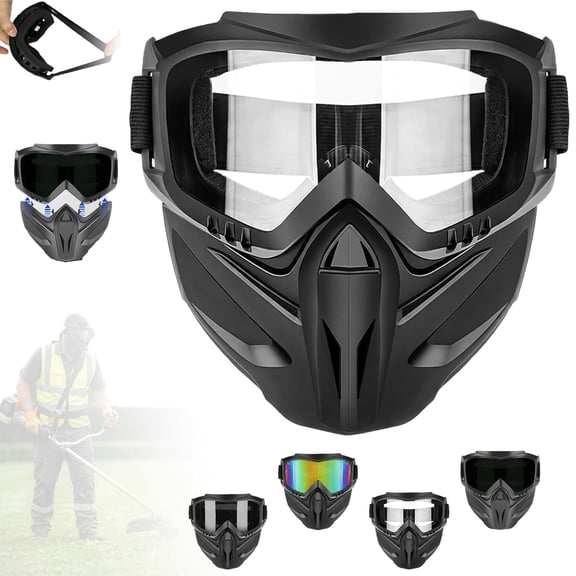 Detachable Full Face Goggle Mask for Grass Cutting & Landscaping, Anti-Fog Impact Resistant Protective Face Shield, Dustproof Weed Eater Mask for Yard Work, Riding & Welding (Transparent)
