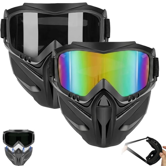 Detachable Full Face Goggle Mask for Grass Cutting & Landscaping, Anti-Fog Impact Resistant Protective Face Shield, Dustproof Weed Eater Mask for Yard Work, Riding & Welding (Colored+Grey)
