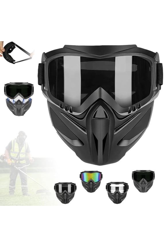 Detachable Full Face Goggle Mask for Grass Cutting & Landscaping, Anti-Fog Impact Resistant Protective Face Shield, Dustproof Weed Eater Mask for Yard Work, Riding & Welding (Grey)