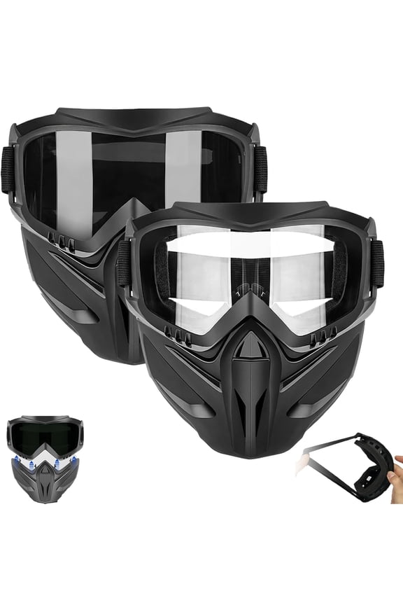 Detachable Full Face Goggle Mask for Grass Cutting & Landscaping, Anti-Fog Impact Resistant Protective Face Shield, Dustproof Weed Eater Mask for Yard Work, Riding & Welding (Transparent+Grey)