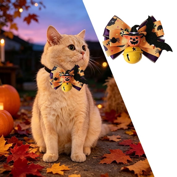 Detachable Halloween Pet Bow With Jingle Bell, Purple Black Witch Pumpkin Bat Ribbon Bow Collar Decor For Cats & Small Dogs